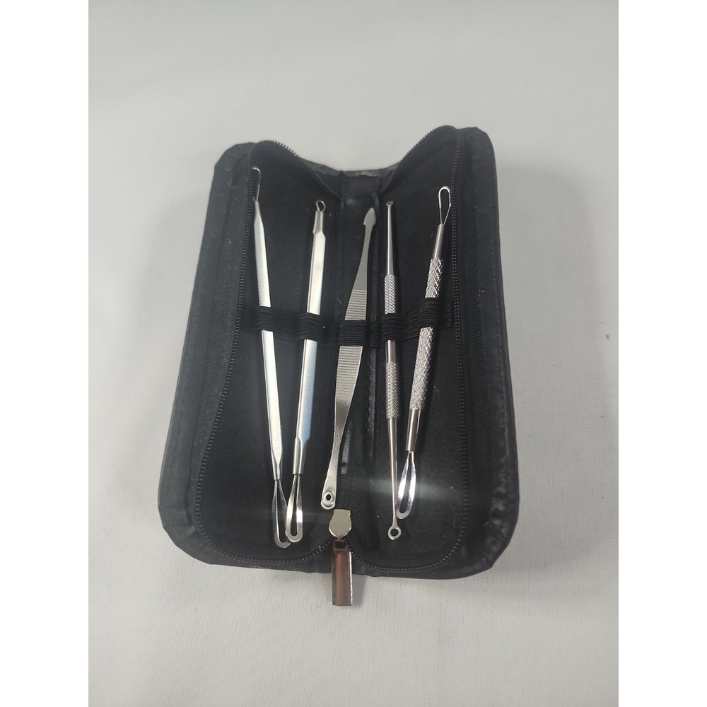 Stainless Steel Blackhead Extractor Tool Kit Black Zip Up Carrying Case